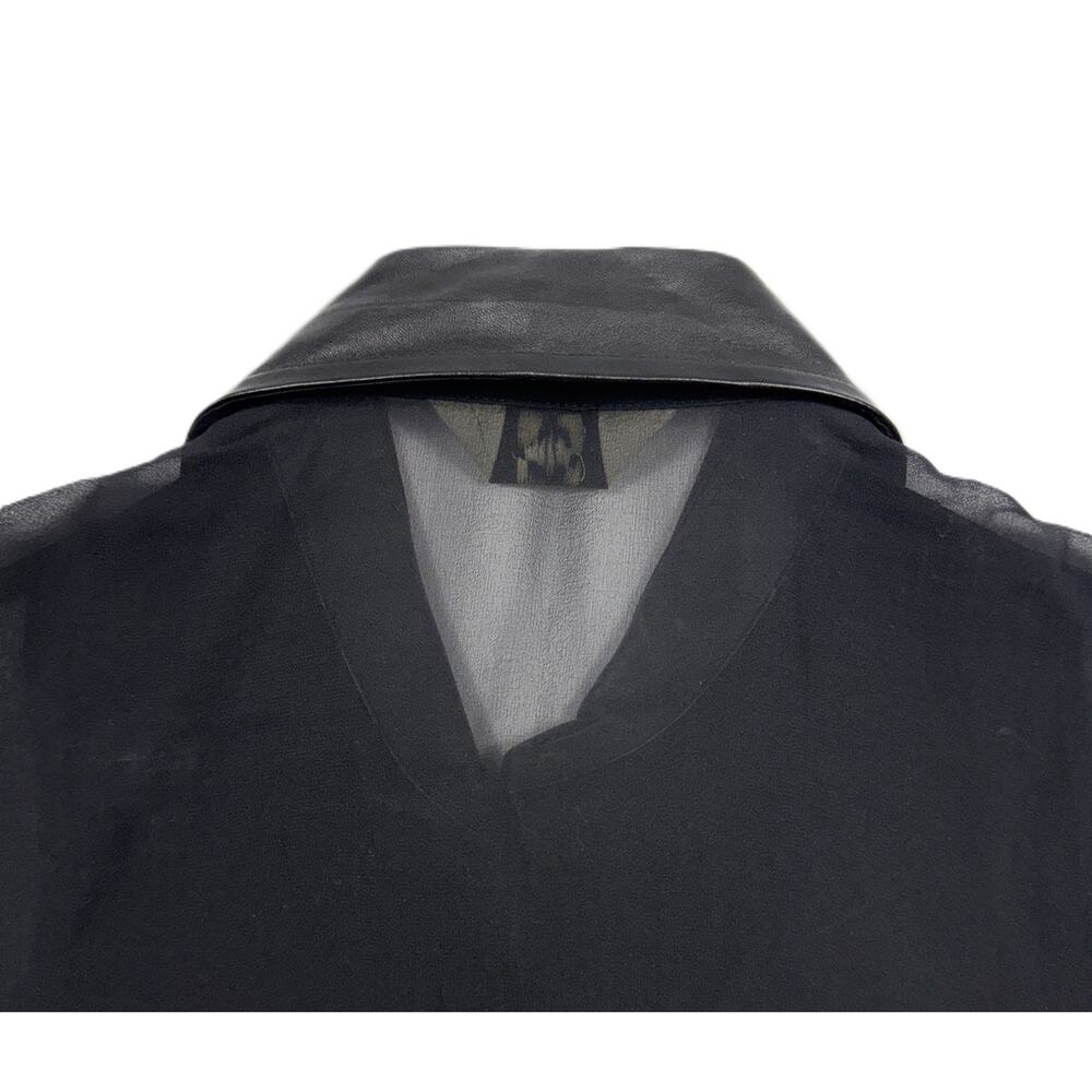 SAGAIE 90s VTG Paris black sheer long-sleeve tuxedo-style blouse leather trim - Picture 12 of 15